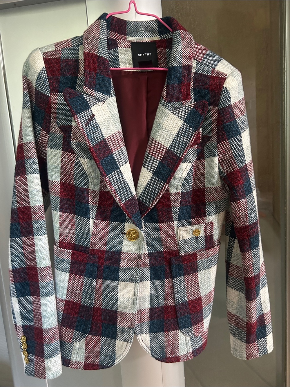 Smythe Women’s Burgundy, blue & Cream Plaid Blazer